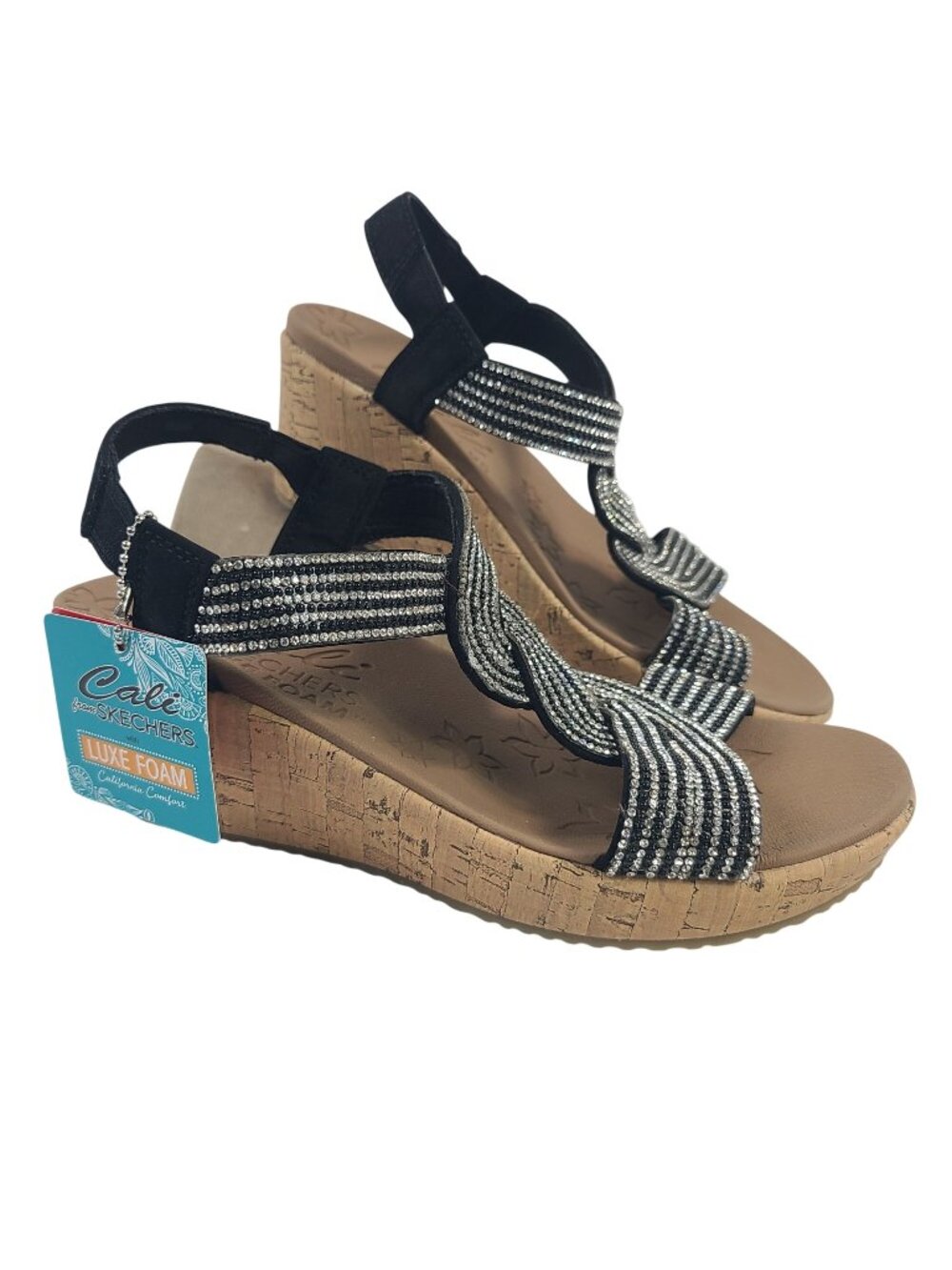 Cali By Skechers Luxe Foam Wide Fit Black Rhinestone Wedge Sandals Women’s Sz 6